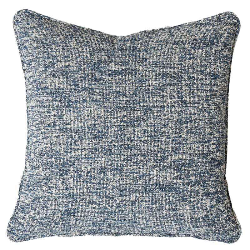 A square throw pillow with a textured, heathered blue and off-white woven fabric, shown against a plain white background.