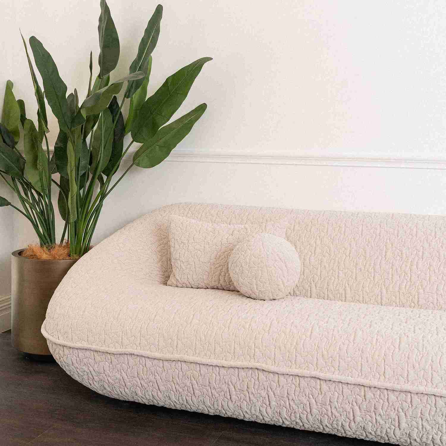 A cream-colored bouclé upholstered sofa with matching throw pillows, styled in a room next to a potted green plant against a white wall.