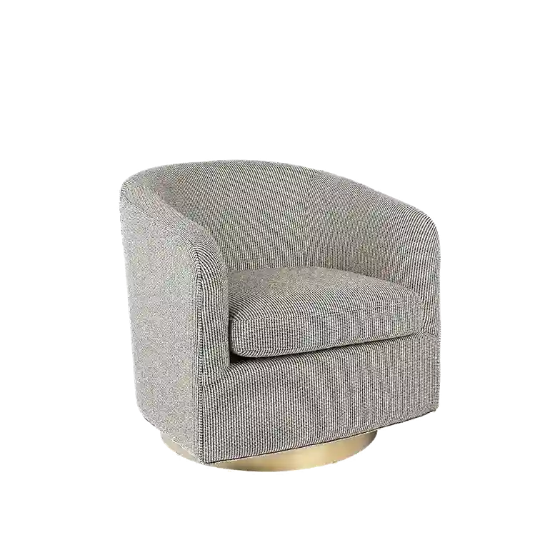 A modern barrel-style swivel armchair upholstered in a textured gray ribbed fabric, featuring a curved back, a separate seat cushion, and a round metallic gold base, shown against a plain white background.