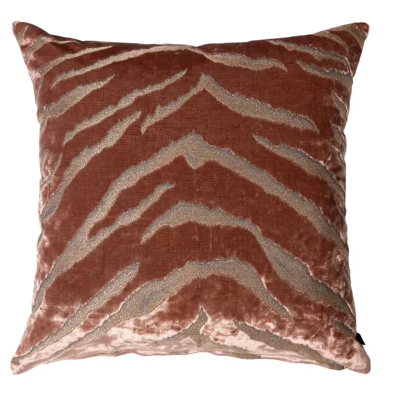 A square throw pillow in rust-brown velvet with a raised metallic gold chevron pattern, shown against a plain white background.