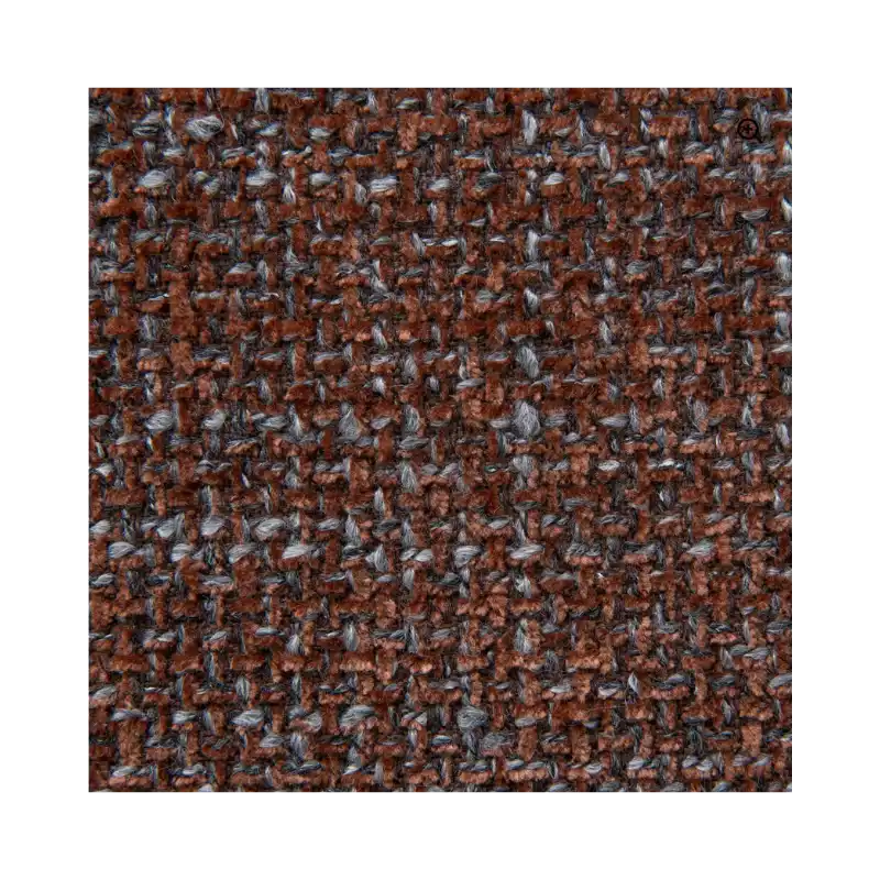 A close-up of a woven fabric texture with a heathered pattern of brown, rust red, black, and gray threads.
