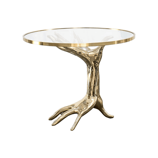 Chrome gold hand sculpture side table with clear table top | Perth WA