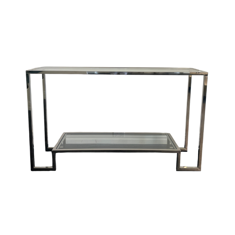 Rectangle art-deco inspired console table, tempered glass table top & lower shelf, silver/chrome frame. Luxury hallway tables and entrance tables, Perth WA