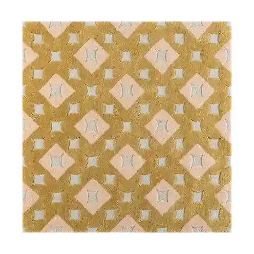 A square textile or rug sample with a repeating geometric pattern in mustard yellow, pale blush pink, and off-white, shown against a plain white background.