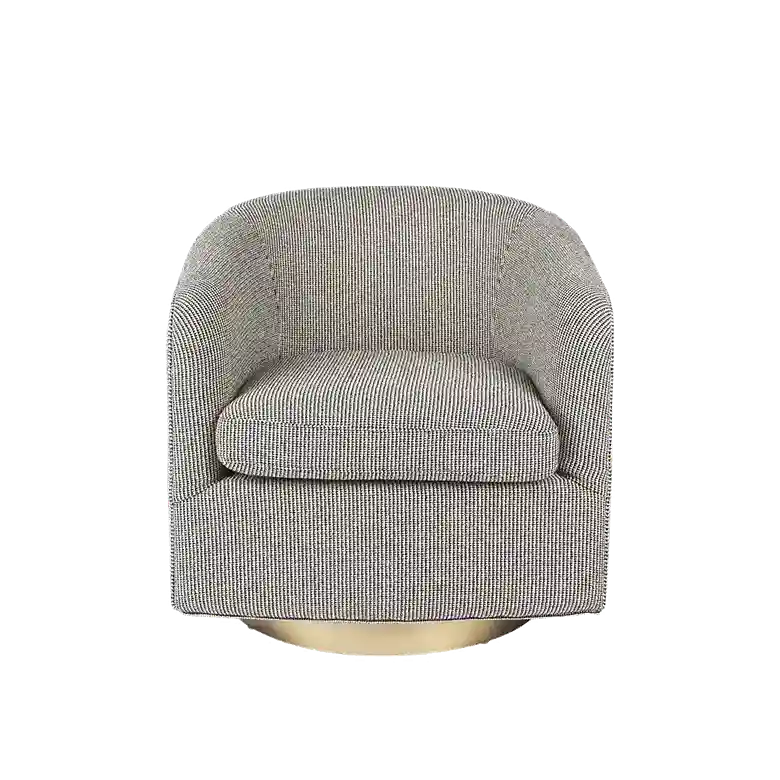 A modern barrel-style swivel armchair upholstered in a textured gray and white micro-pattern fabric, featuring a curved backrest, a thick seat cushion, and a round metallic gold base, shown against a plain white background.