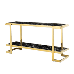 Art Deco/Regency style console table with a black marble tabletop, black marble lower shelf and chrome finish gold frame 150x40x76cm - Consoles & Buffets, Perth WA