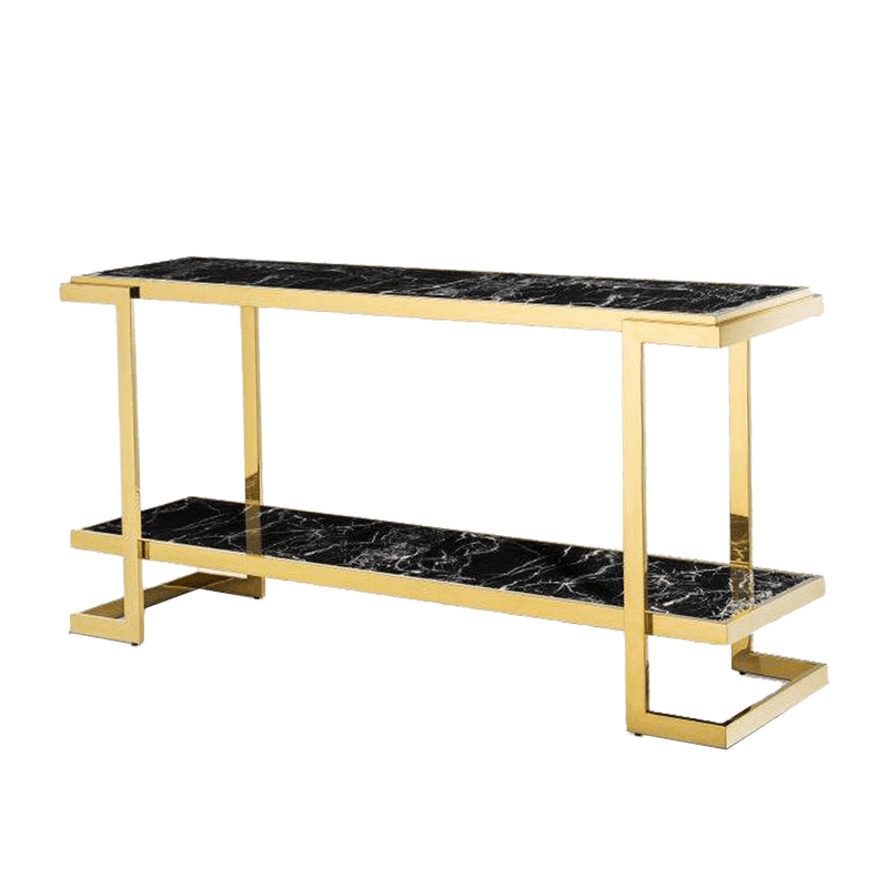 Art Deco/Regency style console table with a black marble tabletop, black marble lower shelf and chrome finish gold frame 150x40x76cm - Consoles & Buffets, Perth WA