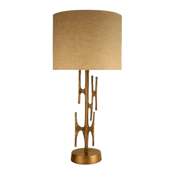 Sculptural style brass table lamp with a natural coloured linen shade - Luxury lighting, Perth WA