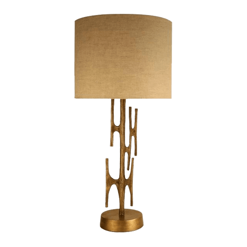 Sculptural style brass table lamp with a natural coloured linen shade - Luxury lighting, Perth WA