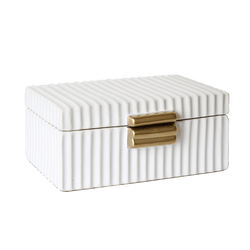 White ceramic striped trinket box with a warm gold-toned handle 32cm L - Home styling items, Perth WA