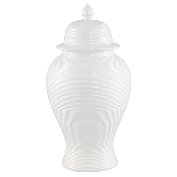 White ceramic temple jar with horizontal ribbed patterning. Decorative accessories & Home Decor - Perth WA