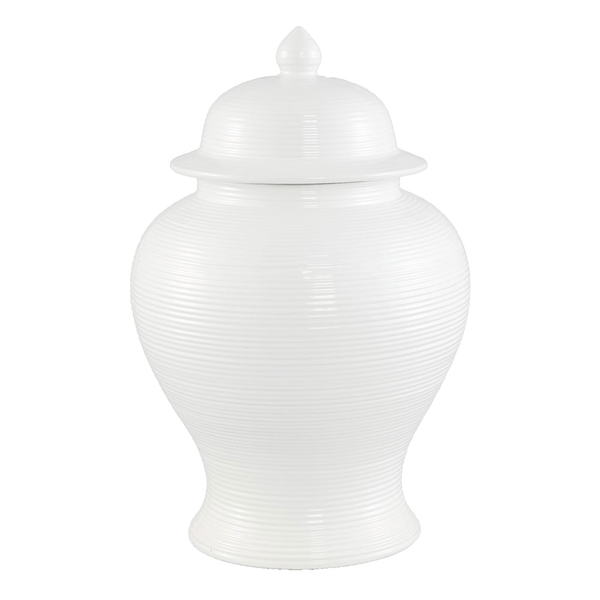 White ceramic temple jar with horizontal ribbed patterning. Decorative accessories & Home Decor - Perth WA