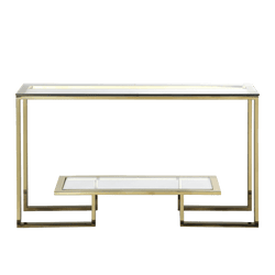 Rectangle art-deco inspired console table, tempered glass table top & lower shelf, gold frame. Luxury hallway tables and entrance tables, Perth WA