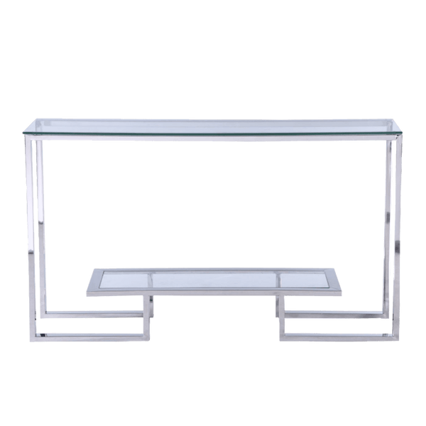 Rectangle art-deco inspired console table, tempered glass table top & lower shelf, silver/chrome frame. Luxury hallway tables and entrance tables, Perth WA