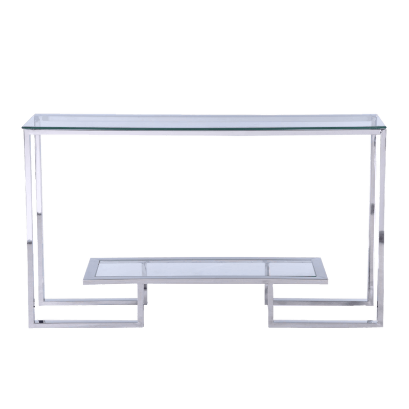 Rectangle art-deco inspired console table, tempered glass table top & lower shelf, silver/chrome frame. Luxury hallway tables and entrance tables, Perth WA