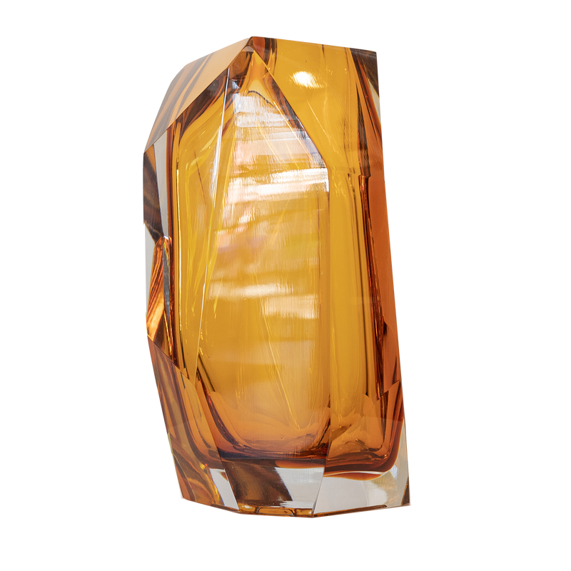 Thick amber coloured glass vase featuring geometric shapes and lines, luxury and unique home decor, Perth WA