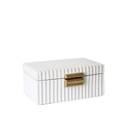 White ceramic striped trinket box with a warm gold-toned handle 24cm L - Home styling items, Perth WA