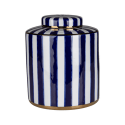 Blue and white striped ceramic jar with gold edging on the lid and base | Home decorative accessories, Perth WA