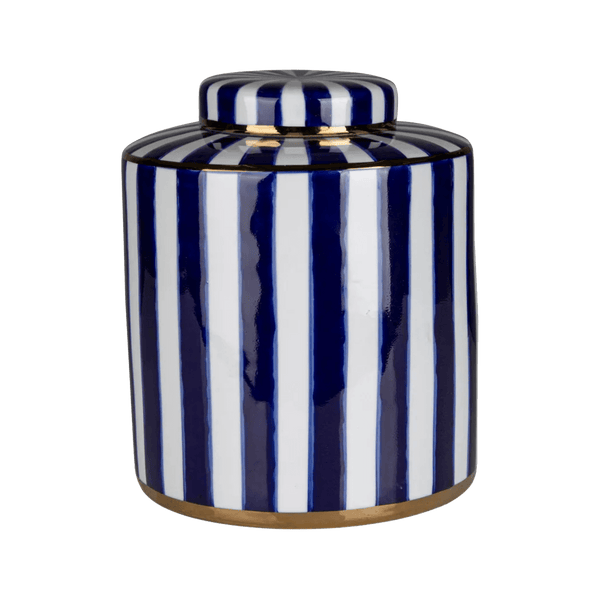 Blue and white striped ceramic jar with gold edging on the lid and base | Home decorative accessories, Perth WA